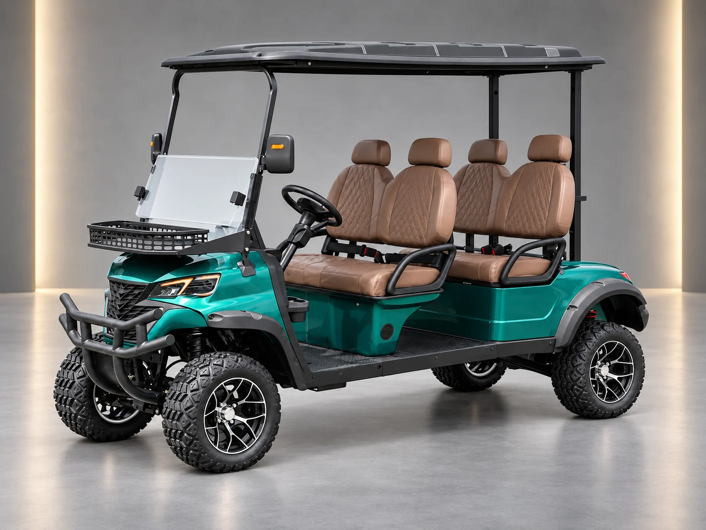 Electric golf carts, in motion — retouched product cover